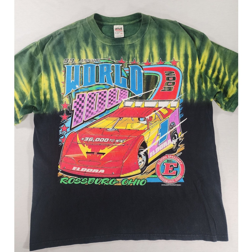 Vintage 2003 World 100 Eldora Speedway Mens XL Anvil T-Shirt Tie Dye Green Black